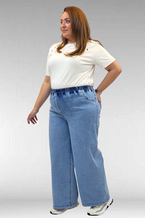 69003 Büyük Beden Beli Lastikli Bolpaça Kot Pantolon - Açık Mavi