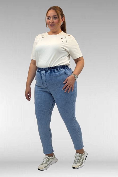 69002 Büyük Beden Beli Lastikli Darpaça Uzun Kot Pantolon - Mavi