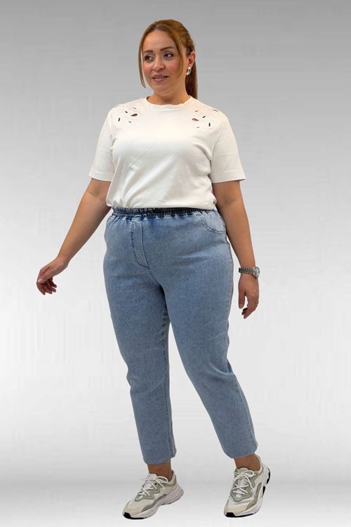 69002 Büyük Beden Beli Lastikli Darpaça Uzun Kot Pantolon - Açık Mavi