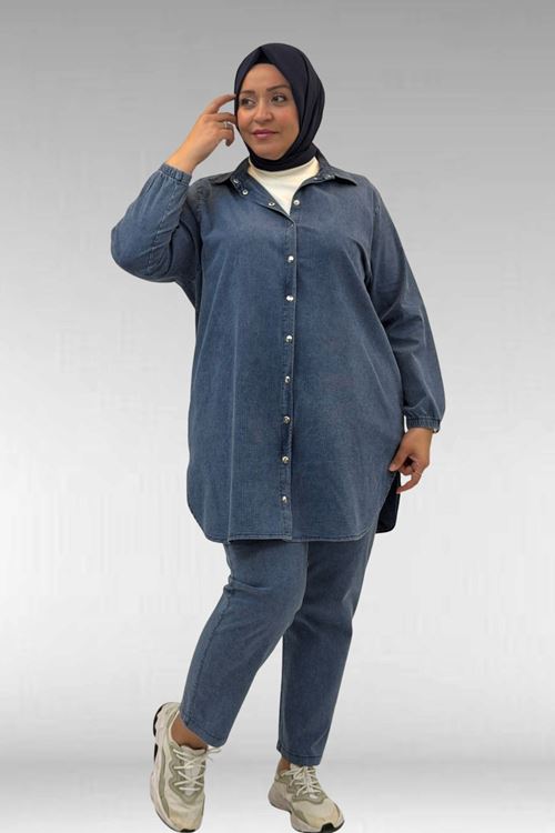 67042 Büyük Beden Kolları Lastikli Pantolonlu Takım - Lacivert