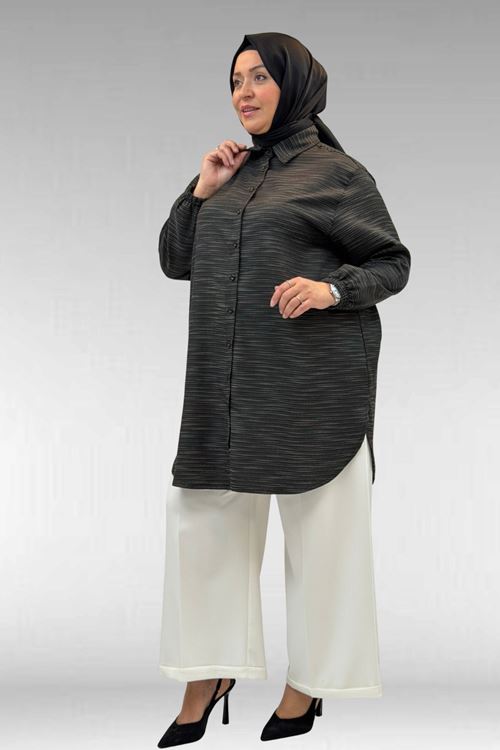 58068 Büyük Beden Erkek Yakalı Gömlek - Siyah Kırçıllı