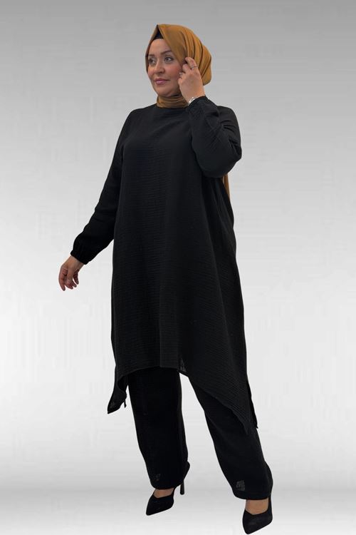 67044 Büyük Beden Asimetrik Kesim Pantolonlu Müslin Takım - Siyah