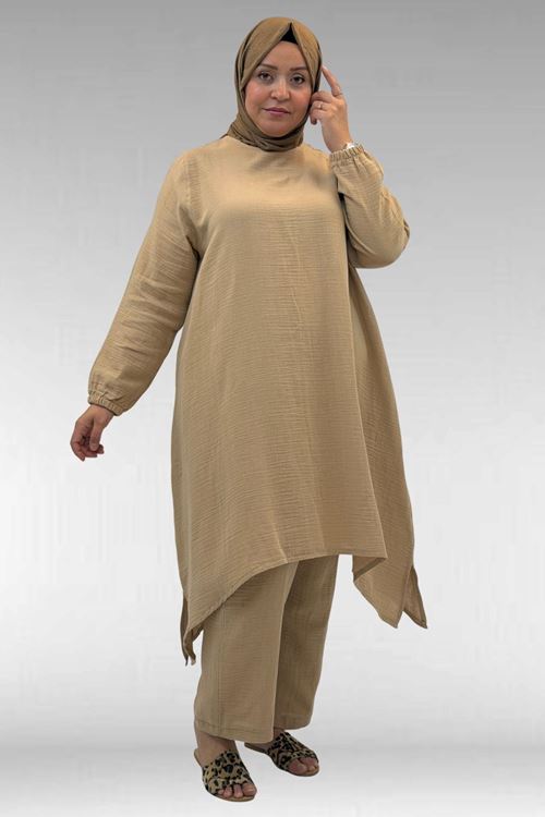 67044 Büyük Beden Asimetrik Kesim Pantolonlu Müslin Takım - Bej
