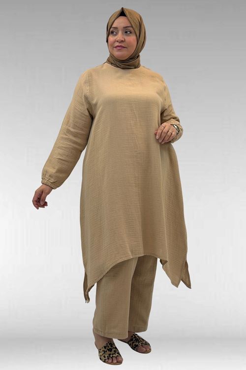67044 Büyük Beden Asimetrik Kesim Pantolonlu Müslin Takım - Bej