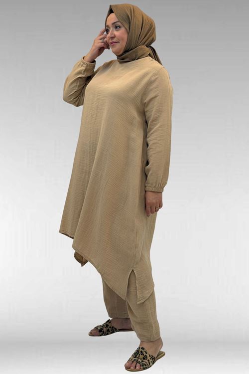 67044 Büyük Beden Asimetrik Kesim Pantolonlu Müslin Takım - Bej