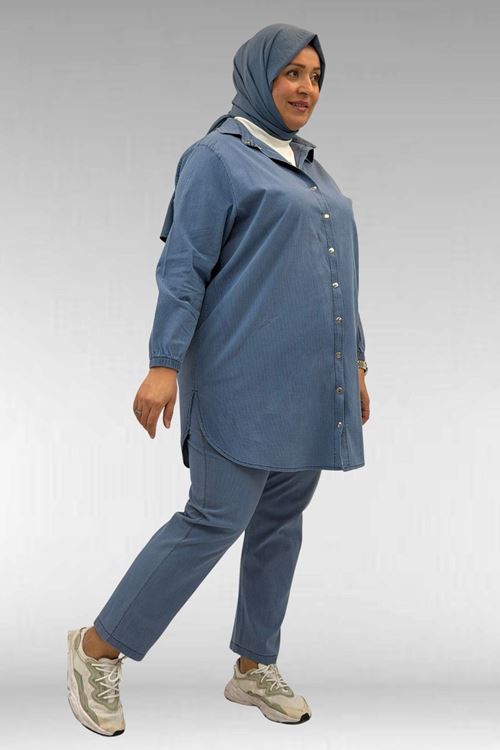 67042 Büyük Beden Kolları Lastikli Pantolonlu Takım - Mavi