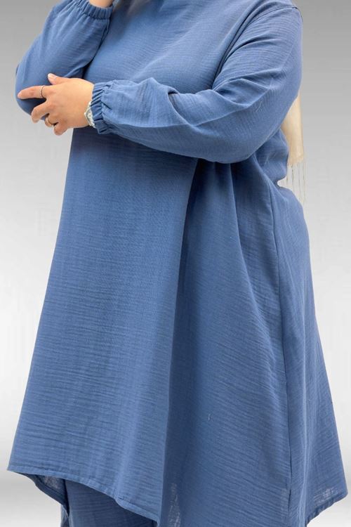 67044 Büyük Beden Asimetrik Kesim Pantolonlu Müslin Takım - Soğuk Mavi