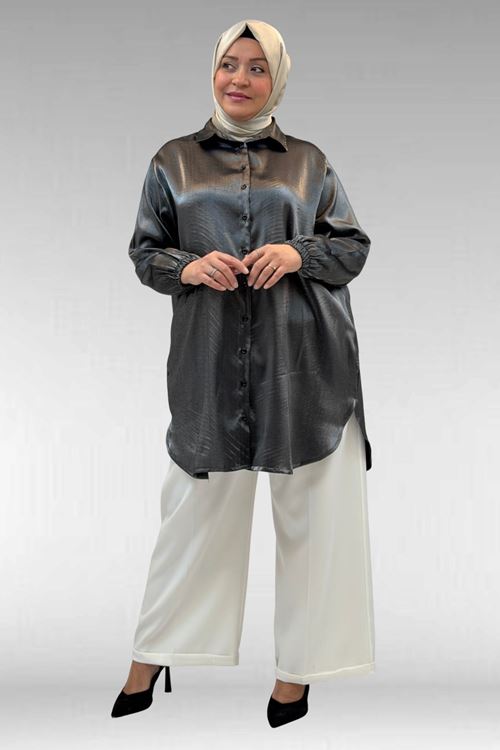 58085-1 Büyük Beden Kolları Lastikli Star Gömlek - Siyah