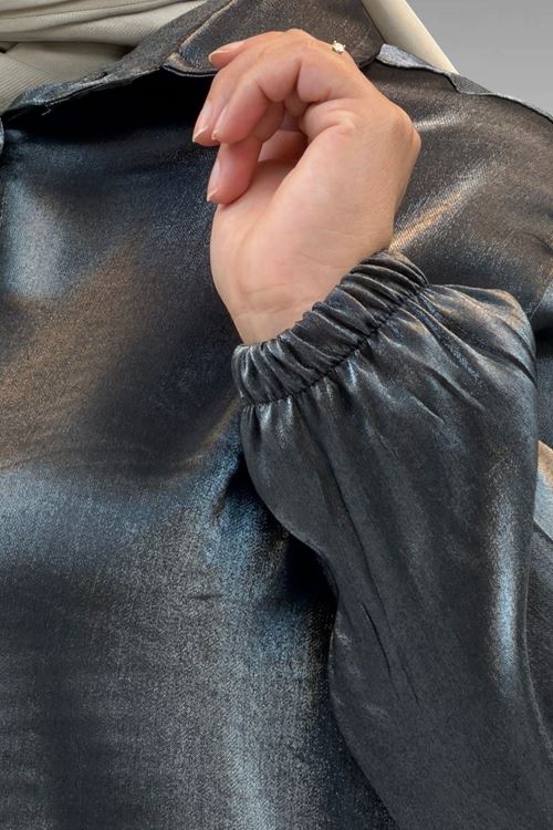 58085-1 Büyük Beden Kolları Lastikli Star Gömlek - Siyah