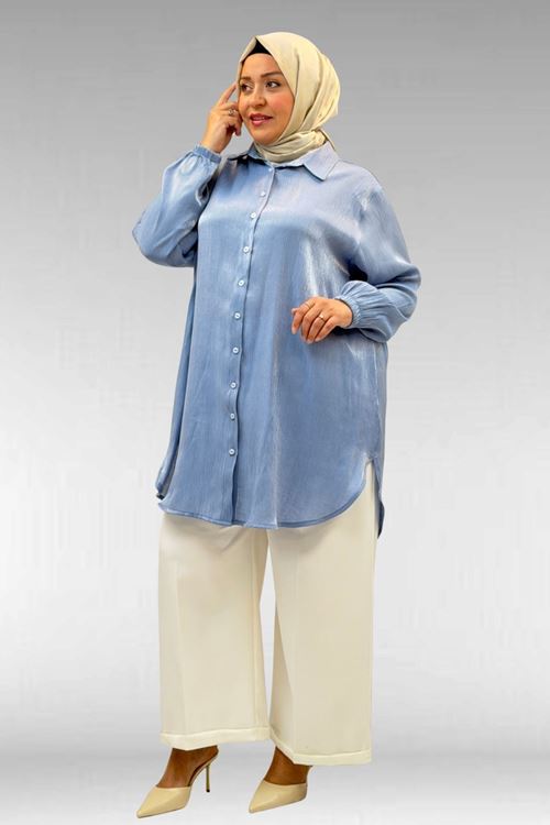 58085-1 Büyük Beden Kolları Lastikli Star Gömlek - İndigo