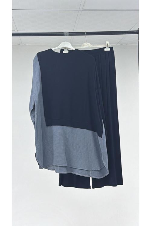 T-67025 Büyük Beden Müslin Pantolonlu Takım - Lacivert - Gri