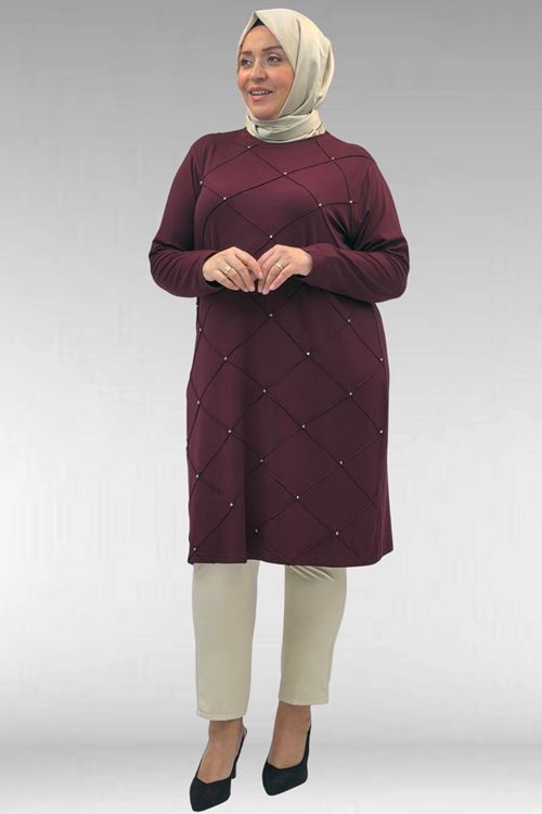 68004 Büyük Beden Çıma Detaylı Penye Tunik - Bordo