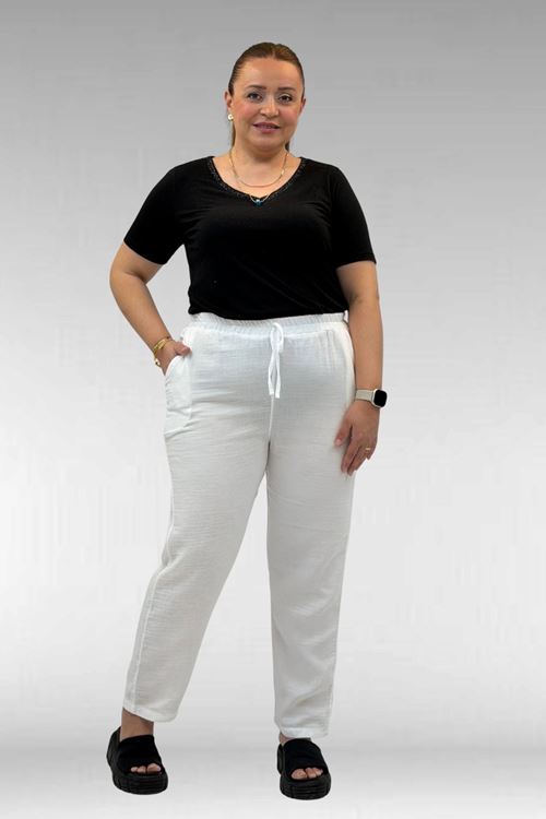 59020 Büyük Beden Beli Lastikli Müslin Dar Paça Pantolon - Ekru