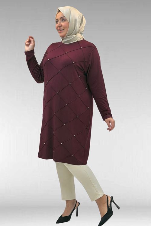 68004 Büyük Beden Çıma Detaylı Penye Tunik - Bordo