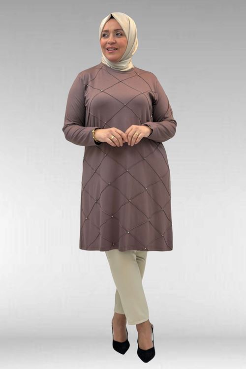 68004 Büyük Beden Çıma Detaylı Penye Tunik - Vizon