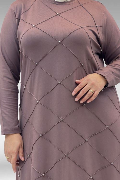 68004 Büyük Beden Çıma Detaylı Penye Tunik - Vizon