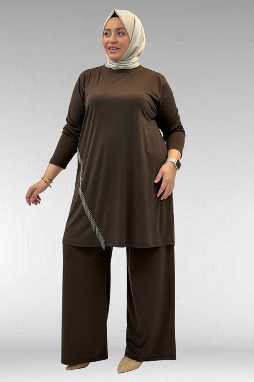 67043 Büyük Beden Püskül Detaylı Sandy Pantolonlu Takım - Kahve
