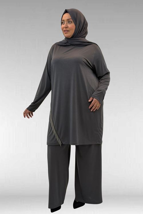 67043 Büyük Beden Püskül Detaylı Sandy Pantolonlu Takım - Antrasit
