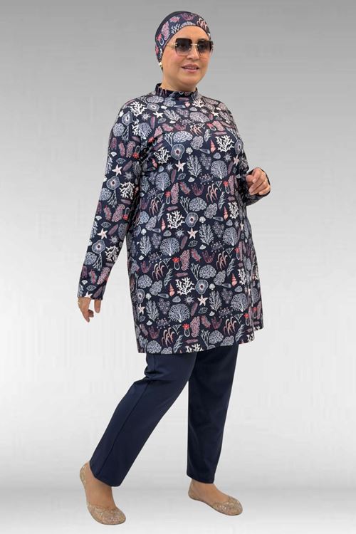 1727 Büyük Beden Uzunkol Tesettür Mayo Takım - Karışık Desen Laci-Laci