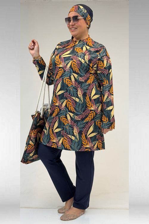 1727 Büyük Beden Uzunkol Tesettür Mayo Takım - Yaprak Desen Hardal-Laci