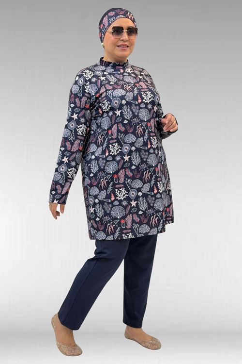 1727 Büyük Beden Uzunkol Tesettür Mayo Takım - Karışık Desen Laci-Laci