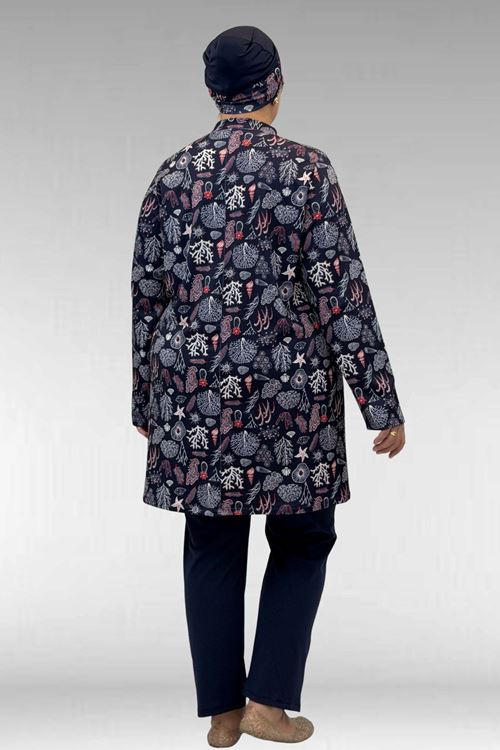 1727 Büyük Beden Uzunkol Tesettür Mayo Takım - Karışık Desen Laci-Laci