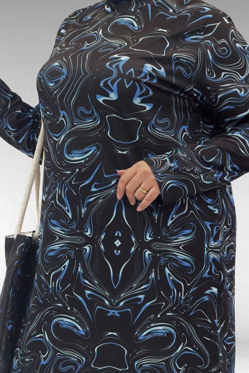 1727 Büyük Beden Uzunkol Tesettür Mayo Takım - Aqua Mavi-Siyah