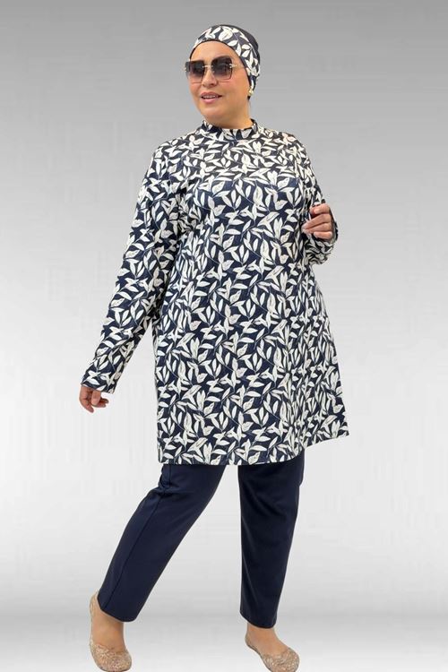 1727 Büyük Beden Uzunkol Tesettür Mayo Takım - Yaprak Desen Ekru-Laci