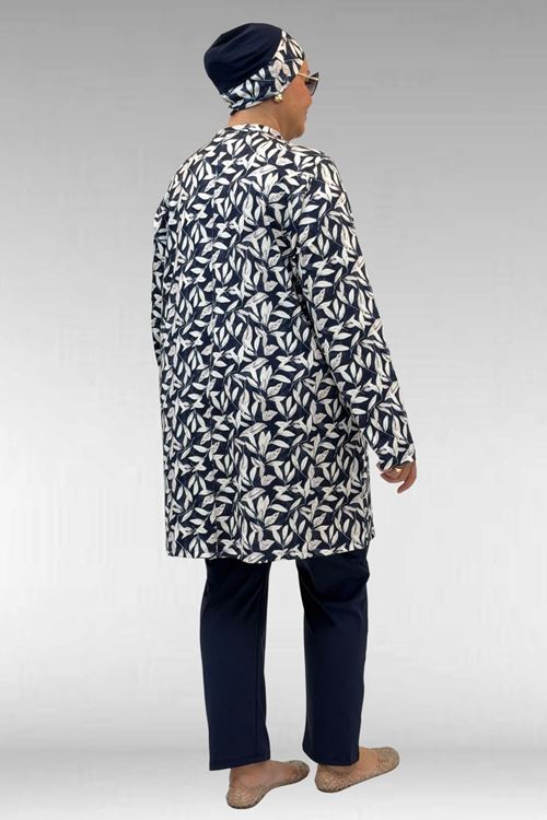 1727 Büyük Beden Uzunkol Tesettür Mayo Takım - Yaprak Desen Ekru-Laci