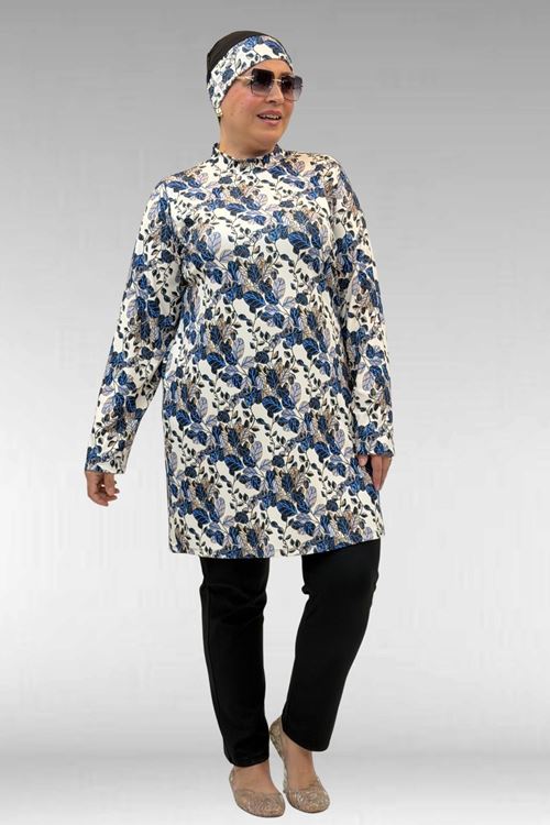 1727 Büyük Beden Uzunkol Tesettür Mayo Takım - Yaprak Desen Mavi-Siyah