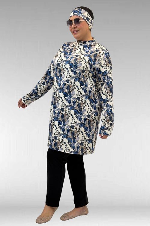 1727 Büyük Beden Uzunkol Tesettür Mayo Takım - Yaprak Desen Mavi-Siyah