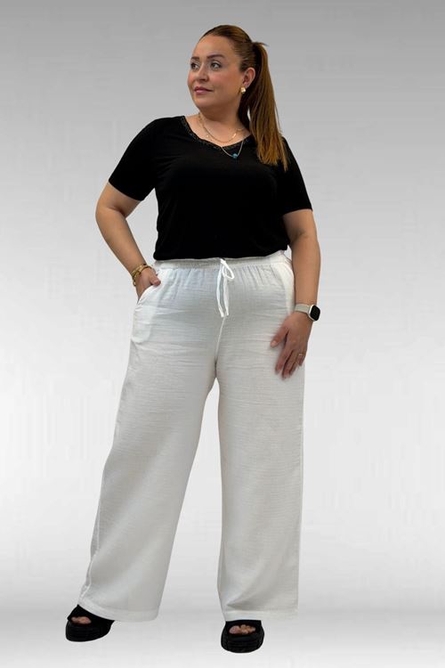 59021 Büyük Beden Beli Lastikli Müslin Bol Paça Pantolon - Ekru
