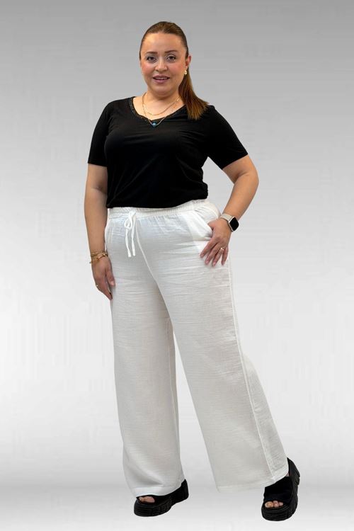 59021 Büyük Beden Beli Lastikli Müslin Bol Paça Pantolon - Ekru