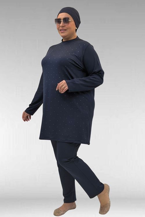 1739 Büyük Beden Önü Taş Baskılı Uzunkol Tesettür Mayo - Lacivert