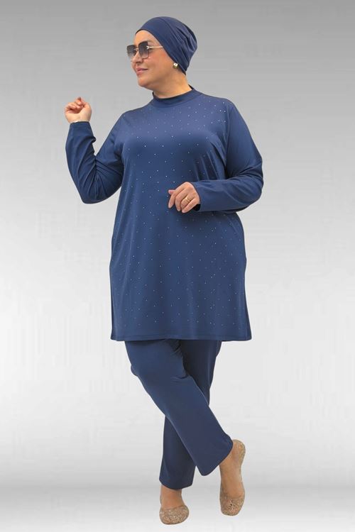 1739 Büyük Beden Önü Taş Baskılı Uzunkol Tesettür Mayo - İndigo