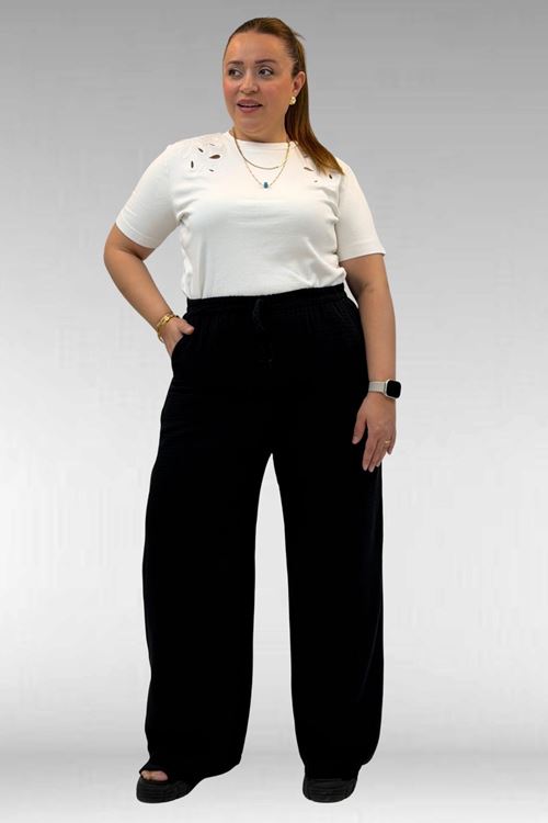 59021 Büyük Beden Beli Lastikli Müslin Bol Paça Pantolon - Siyah