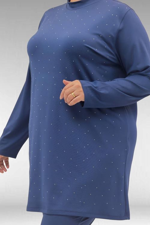 1739 Büyük Beden Önü Taş Baskılı Uzunkol Tesettür Mayo - İndigo