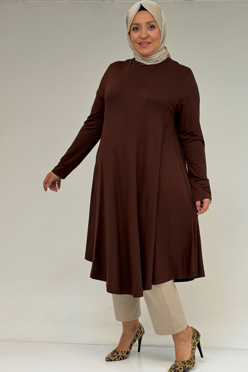 28016 Büyük Beden Mevlana Penye Tunik - Kahve