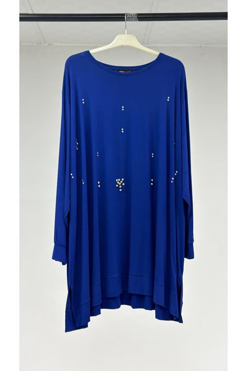 T-1103 Büyük Beden Taş Detaylı Penye Tunik - İndigo