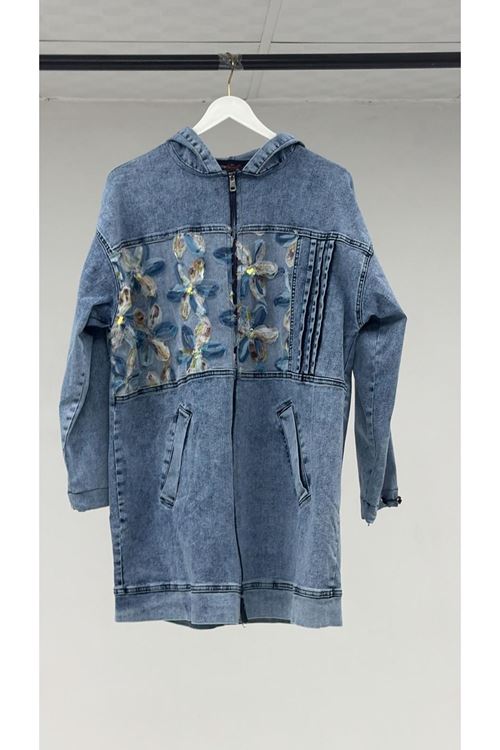 T-53068 Büyük Beden Bebe Lastik Detaylı Kot Ceket - Mavi