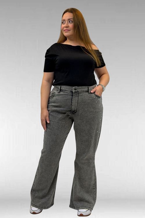 69004 Büyük Beden Yanları Taşlı İspanyol Kot Pantolon - Antrasit