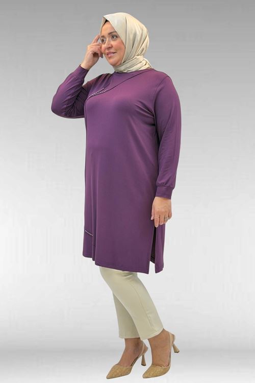 68005 Büyük Beden İnci Çakma Detaylı Penye Tunik - Mürdüm