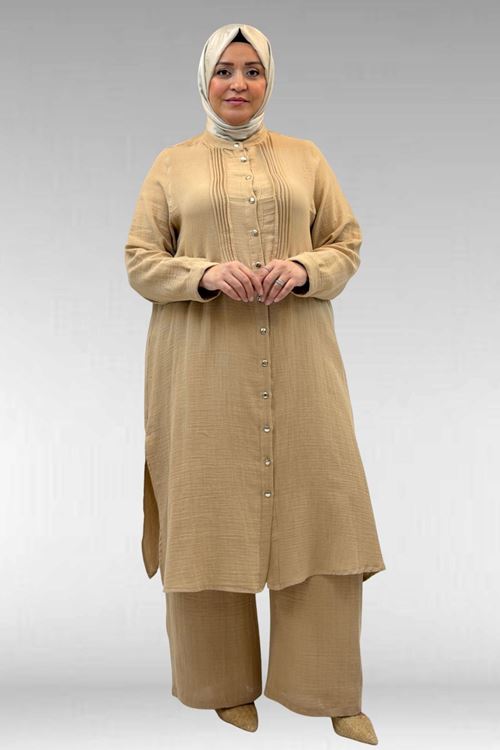 67023 Büyük Beden Önü Pile Detaylı Müslin Pantolonlu Takım - Bej