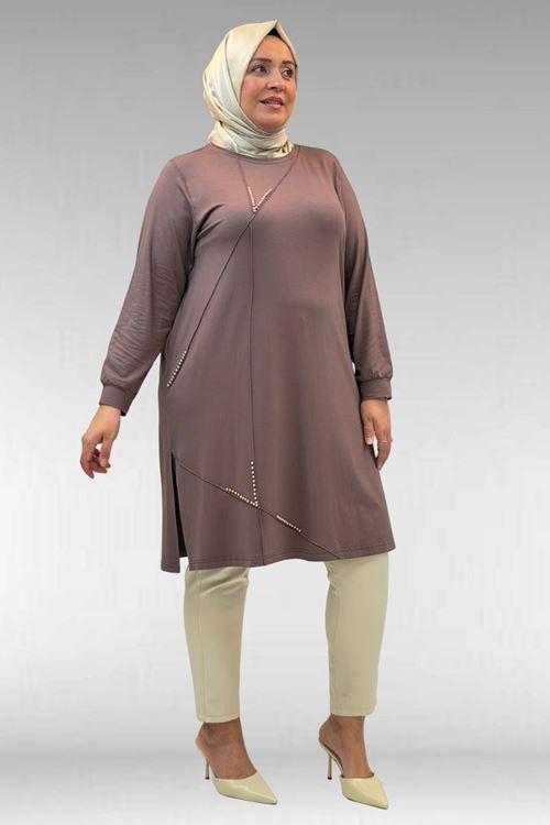 68005 Büyük Beden İnci Çakma Detaylı Penye Tunik - Vizon