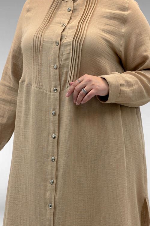 67023 Büyük Beden Önü Pile Detaylı Müslin Pantolonlu Takım - Bej