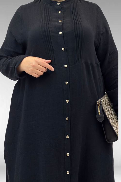 67023 Büyük Beden Önü Pile Detaylı Müslin Pantolonlu Takım - Siyah