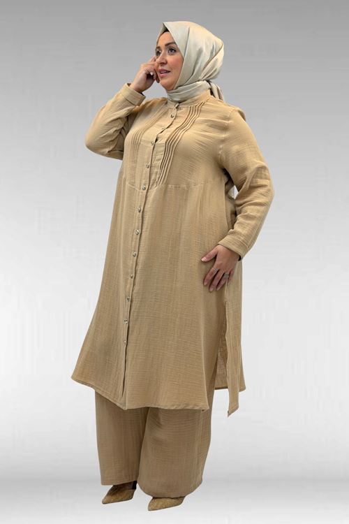 67023 Büyük Beden Önü Pile Detaylı Müslin Pantolonlu Takım - Bej