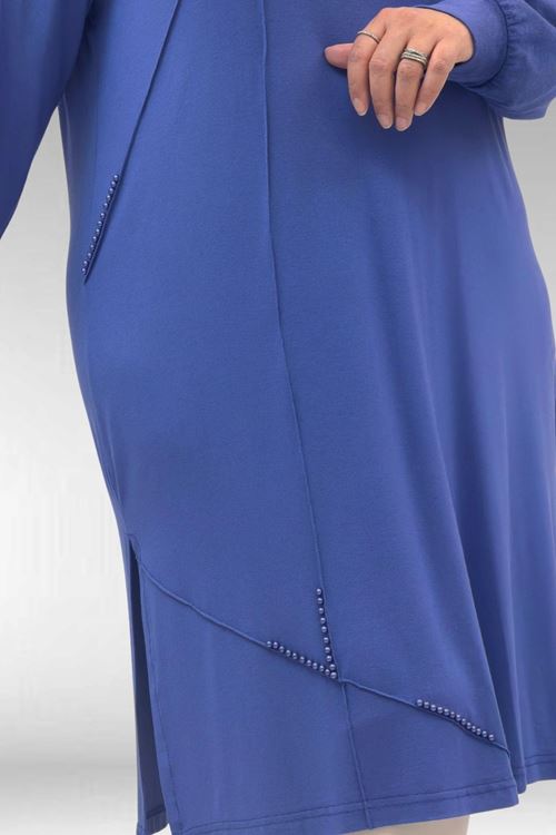 68005 Büyük Beden İnci Çakma Detaylı Penye Tunik - İndigo