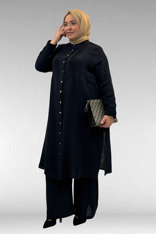 67023 Büyük Beden Önü Pile Detaylı Müslin Pantolonlu Takım - Siyah