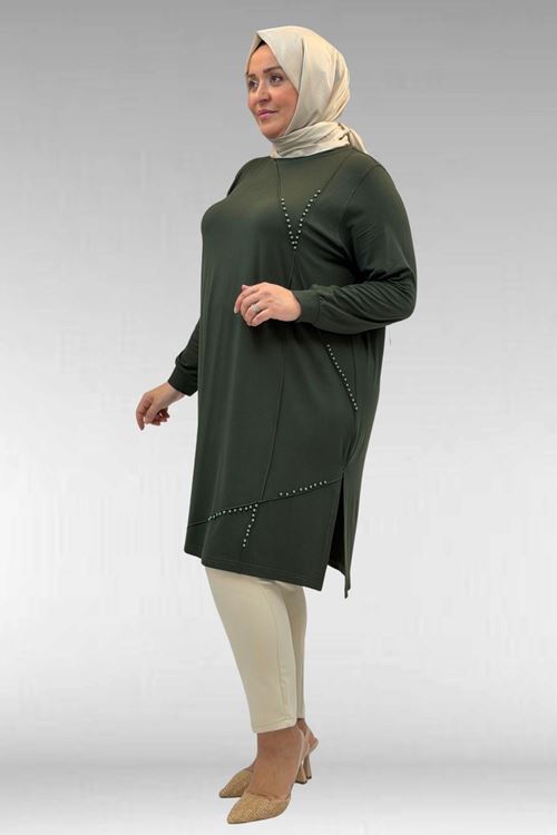 68005 Büyük Beden İnci Çakma Detaylı Penye Tunik - Haki